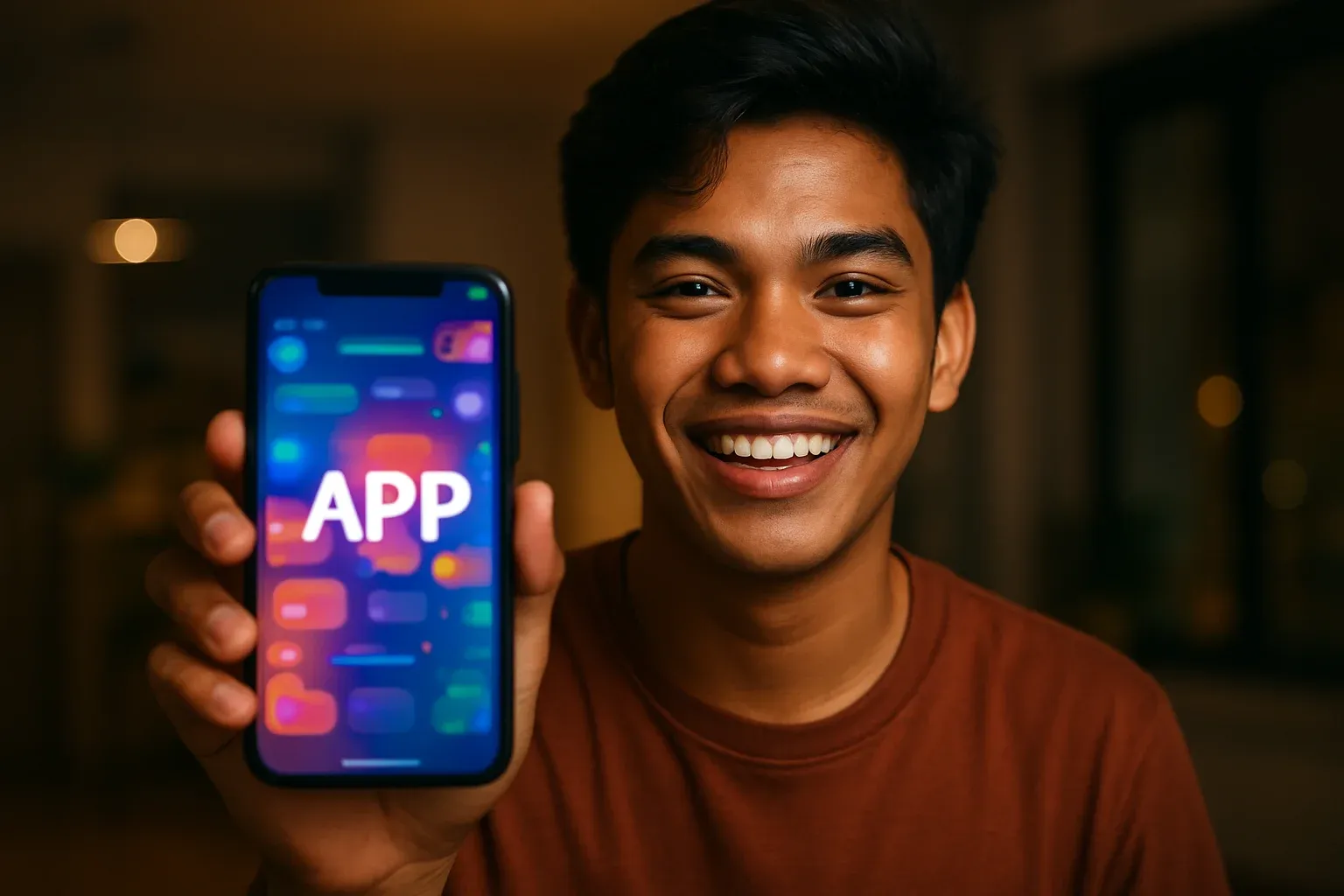 Young Filipino man smiling, holding smartphone with colorful app screen facing camera