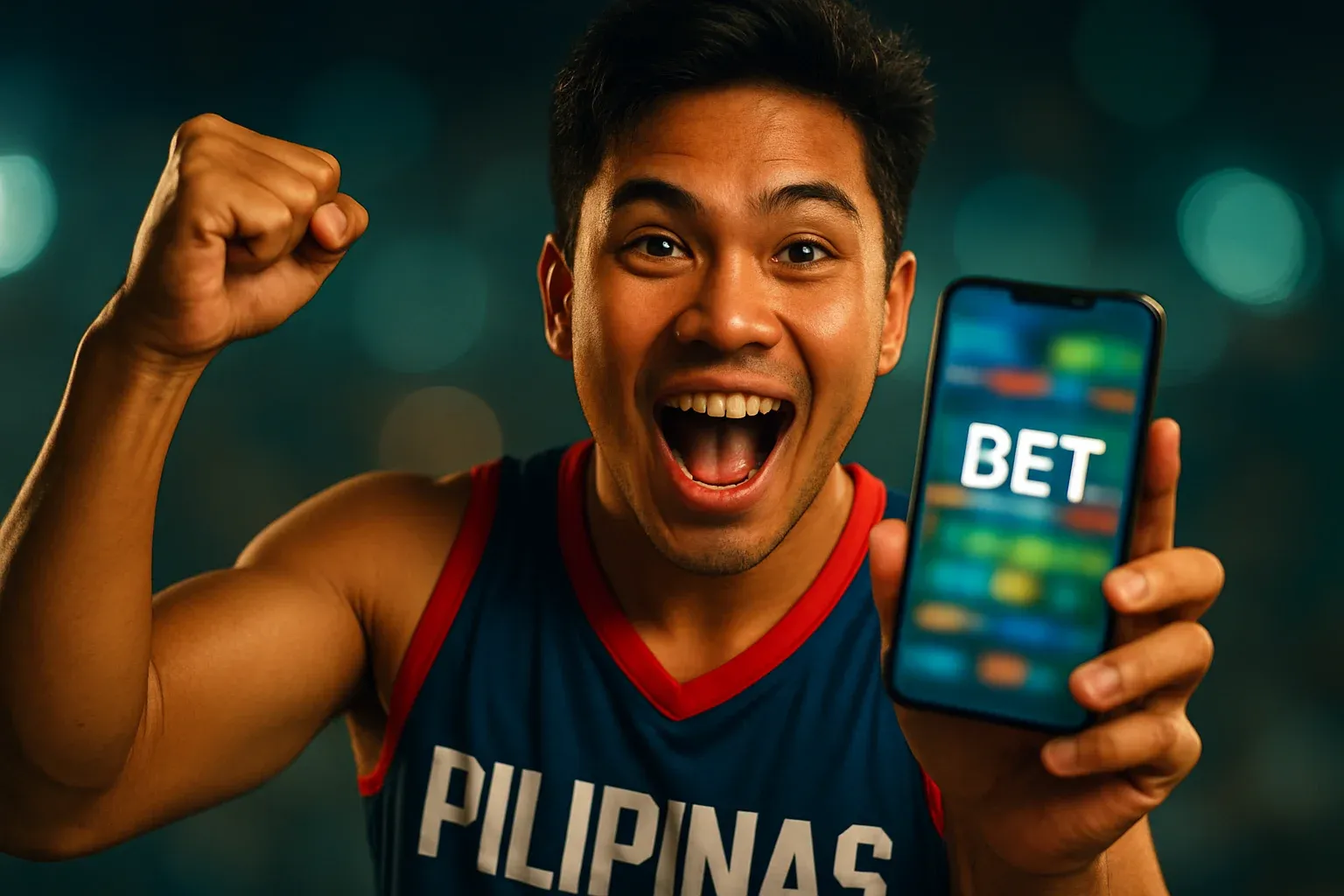 Excited Filipino man holding phone with sports betting screen and BET text