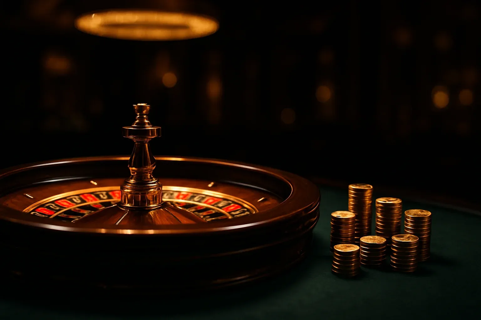 Elegant live casino table with glowing roulette wheel and golden chips