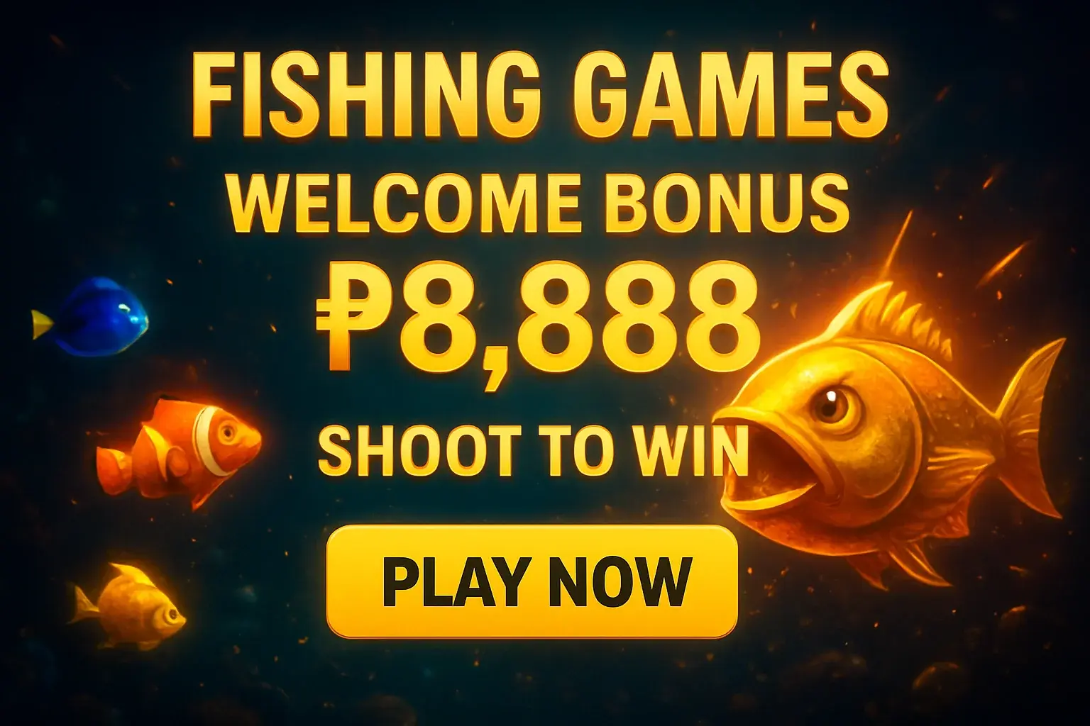 Fishing arcade banner with boss fish, bonus offer, and play button