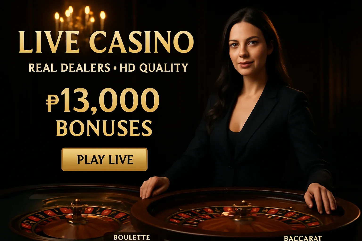 Live casino banner with female dealer, roulette, gold lighting, Philippines bonus