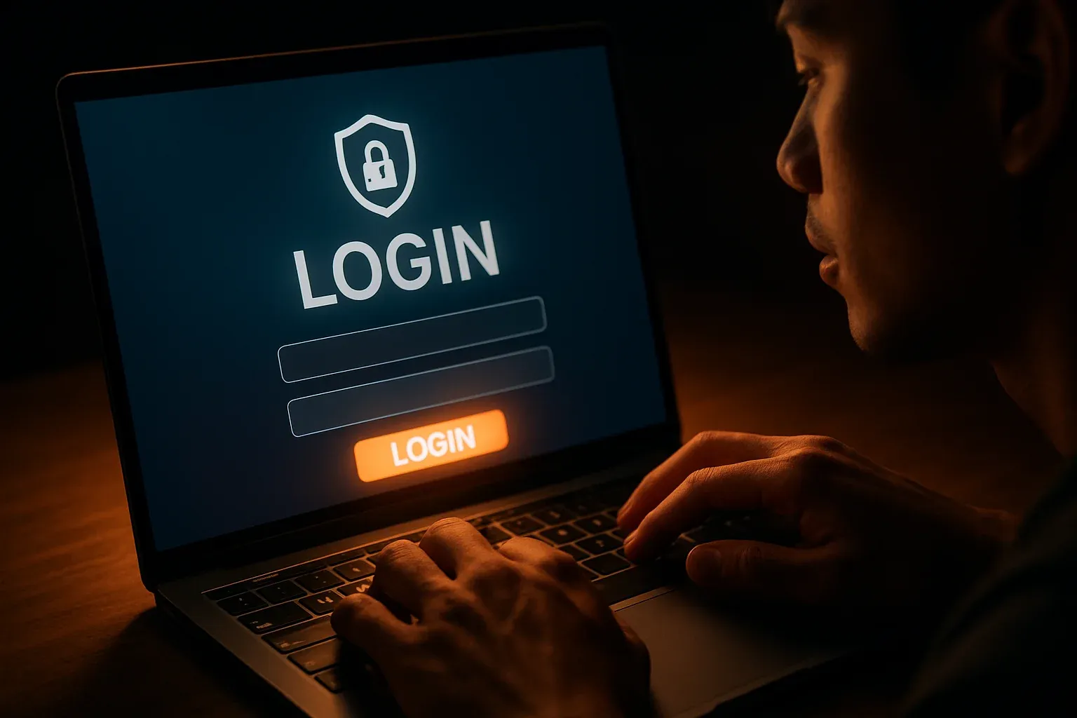 Young Filipino man's hands on laptop showing LOGIN sign-in screen