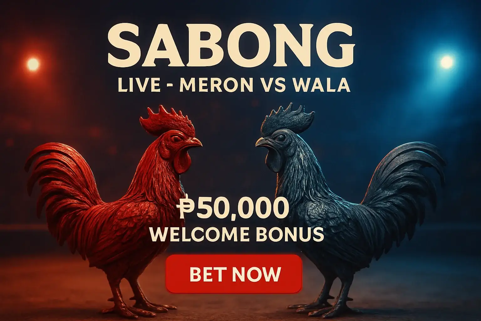 Live sabong banner with decorative rooster figurines and bet now button