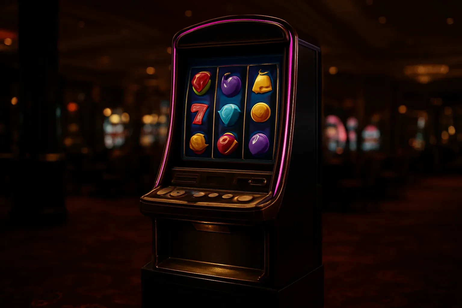 Complete premium slot machine on dark luxury casino floor with three reels